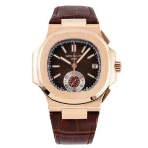 Nautilus cronografo 5980/R-001 in oro rosa su cinturino in pelle marrone