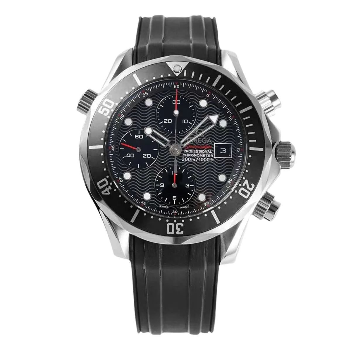 Seamaster Diver 300m chronographe cadran noir sur bracelet en caoutchouc