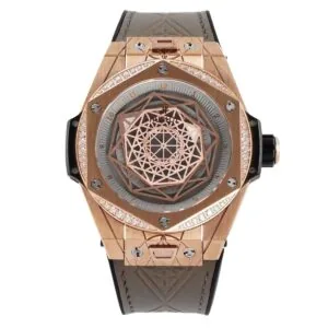 Big Bang Unico Sang Bleu en or rose lunette diamants sur bracelet en cuir marron