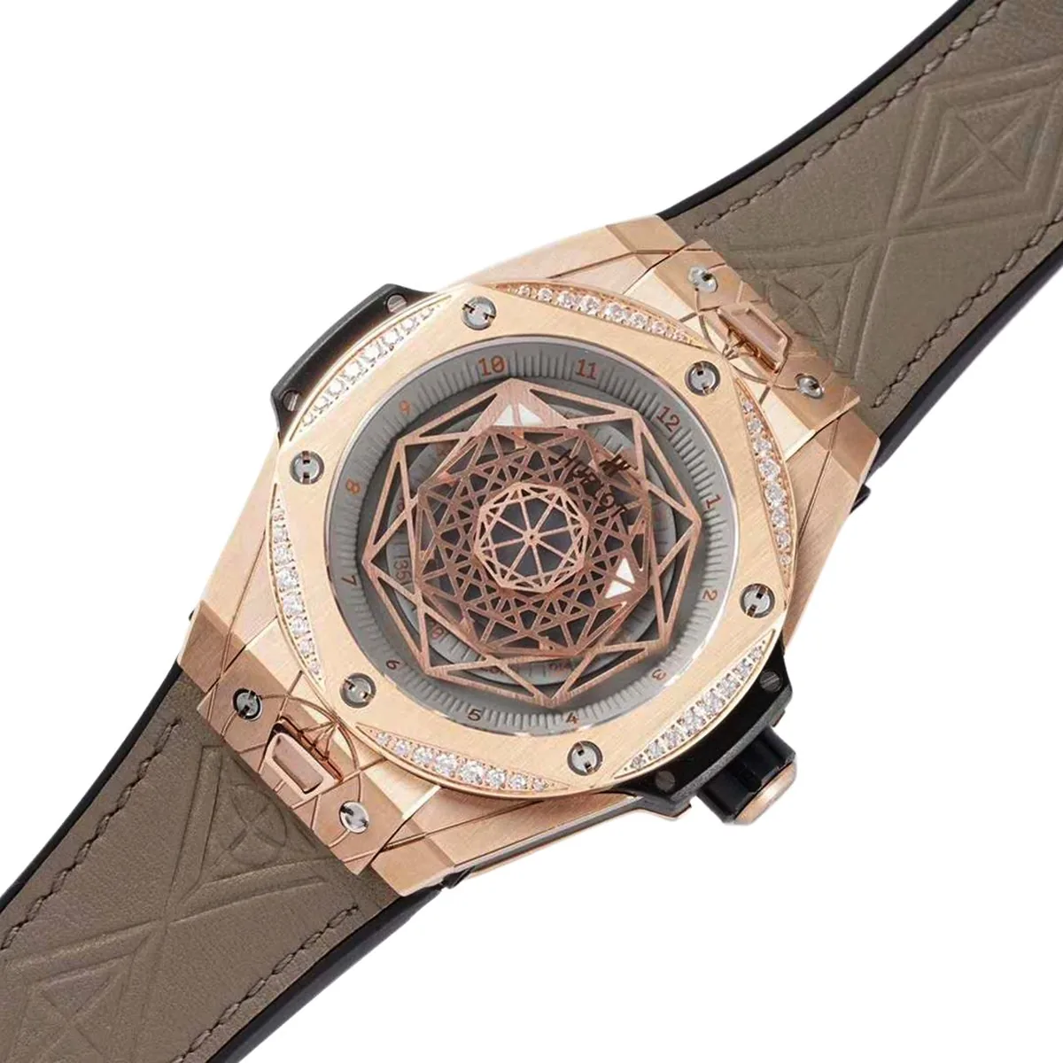 Big Bang Unico Sang Bleu in Rose Gold with Diamond Bezel on Brown Leather Strap - Image 2