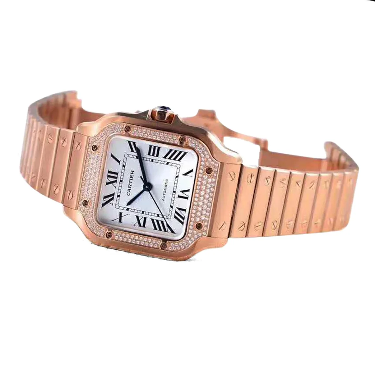 Santos de Cartier White Dial with Diamond Bezel in Rose Gold - Image 2