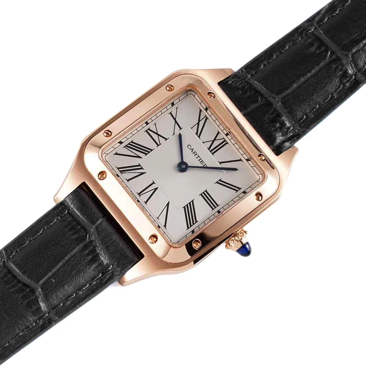 Santos-Dumont White Dial in Rose Gold on Black Leather Strap - Image 2