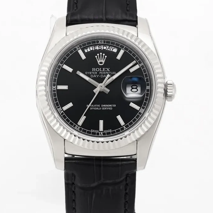 Day-Date 40 Black Dial in White Gold on Leather Strap