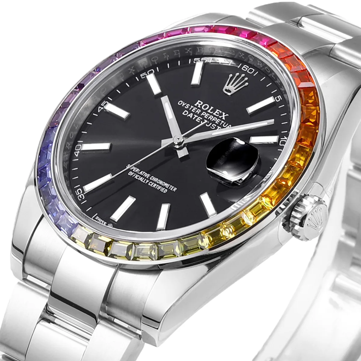 Datejust 41 Black Dial Stick Markers with Rainbow Diamond Bezel in Steel on Oyster Bracelet - Image 2