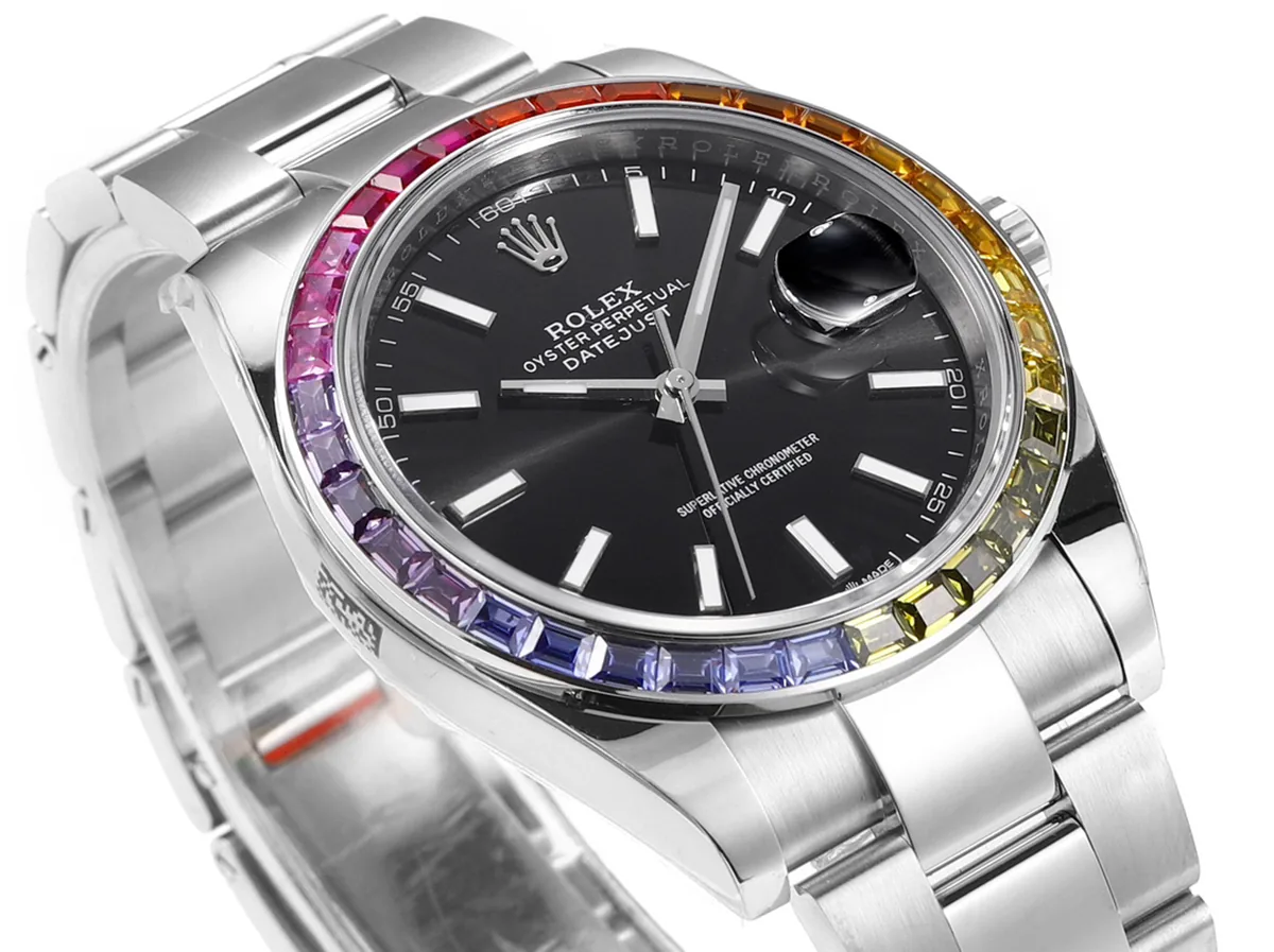 Datejust 41 Black Dial Stick Markers with Rainbow Diamond Bezel in Steel on Oyster Bracelet - Image 4