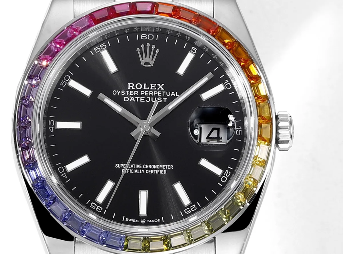 Datejust 41 Black Dial Stick Markers with Rainbow Diamond Bezel in Steel on Oyster Bracelet - Image 6