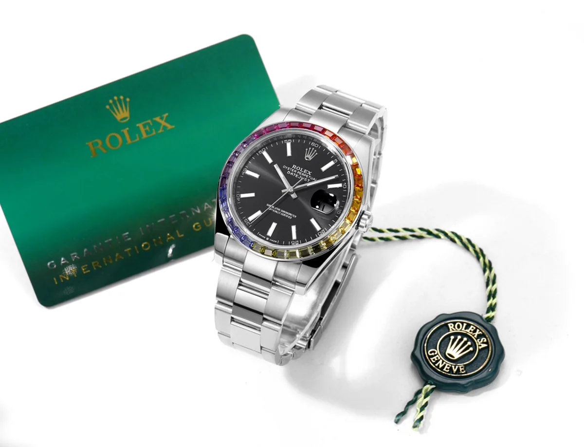 Datejust 41 Black Dial Stick Markers with Rainbow Diamond Bezel in Steel on Oyster Bracelet - Image 9