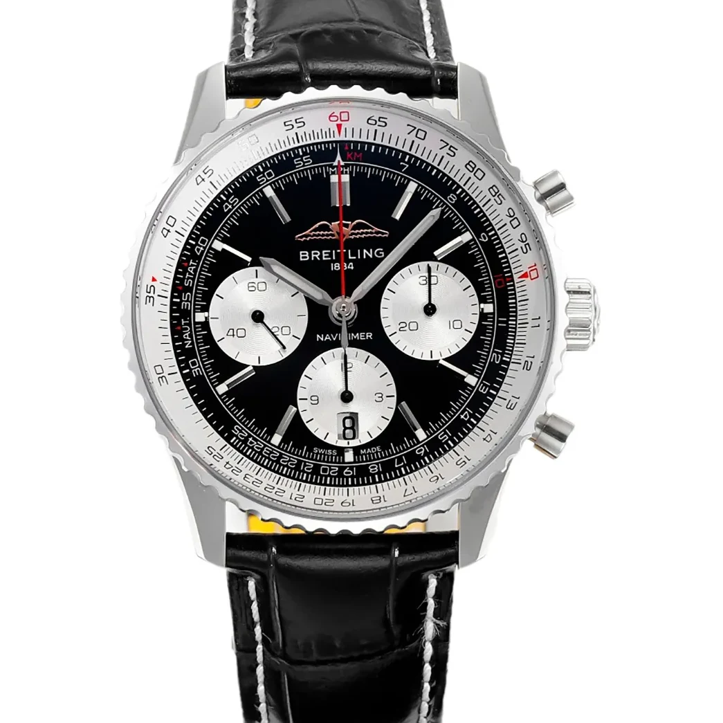 Navitimer B01 Chronograph 43 Black Dial in Steel on Leather Strap Ref. AB0138211B1P1