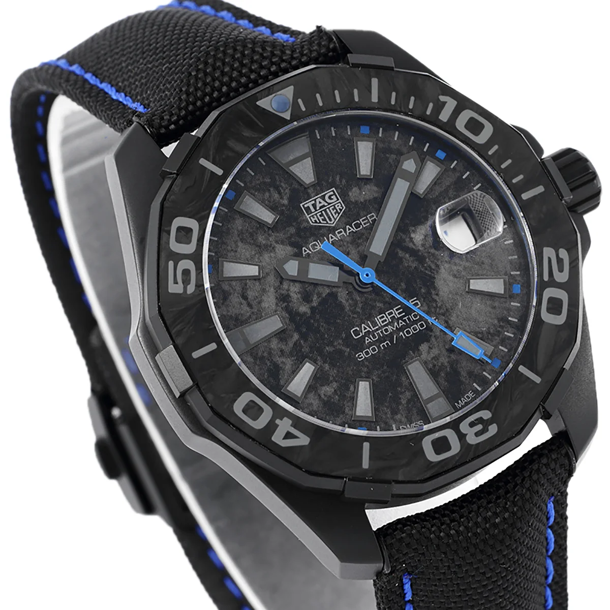 Aquaracer Calibre 5 Carbon Dial with Blue Tachymeter