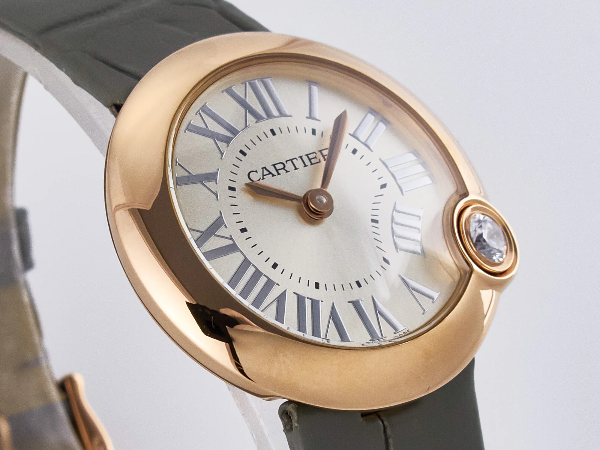 Ballon Blanc De Cartier 30mm RG DRF 1:1 Best Edition Silvered Texture Dial on Green Leather Strap Ronda Quartz