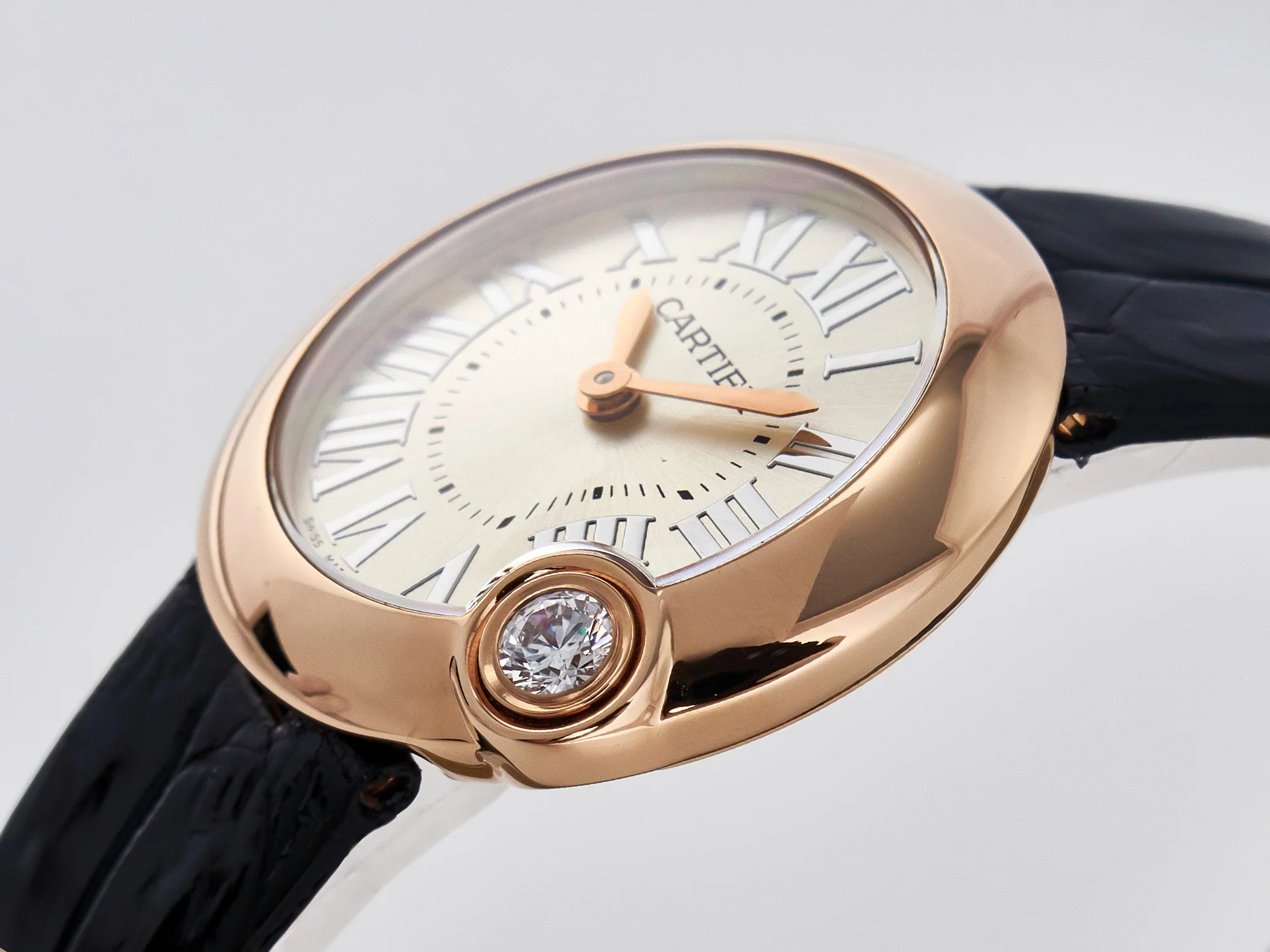 Ballon Blanc De Cartier 30mm RG DRF 1:1 Best Edition Silvered Texture Dial on Black Leather Strap Ronda Quartz