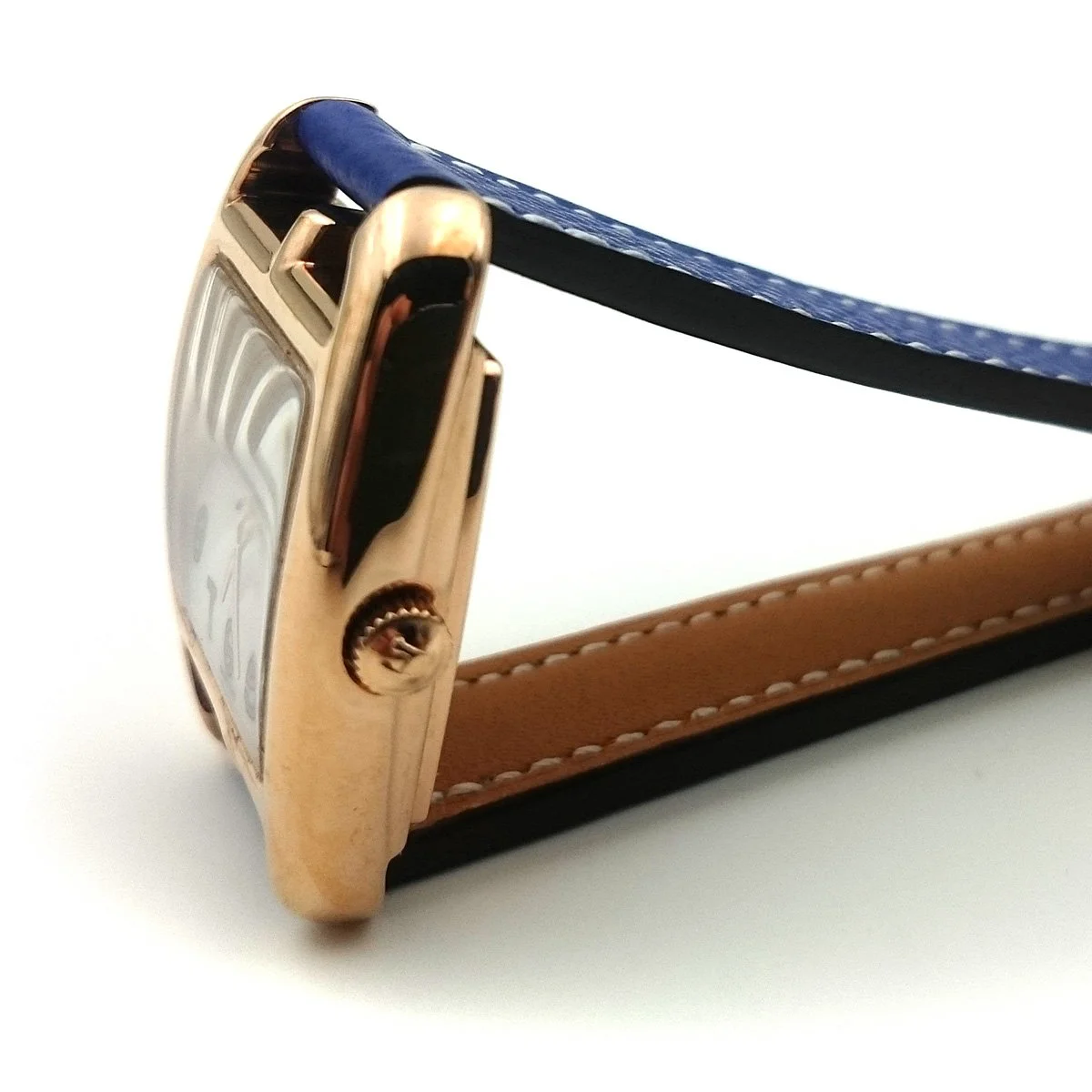 Cape Cod Tonneau Rose Gold on Blue Epsom Leather Strap