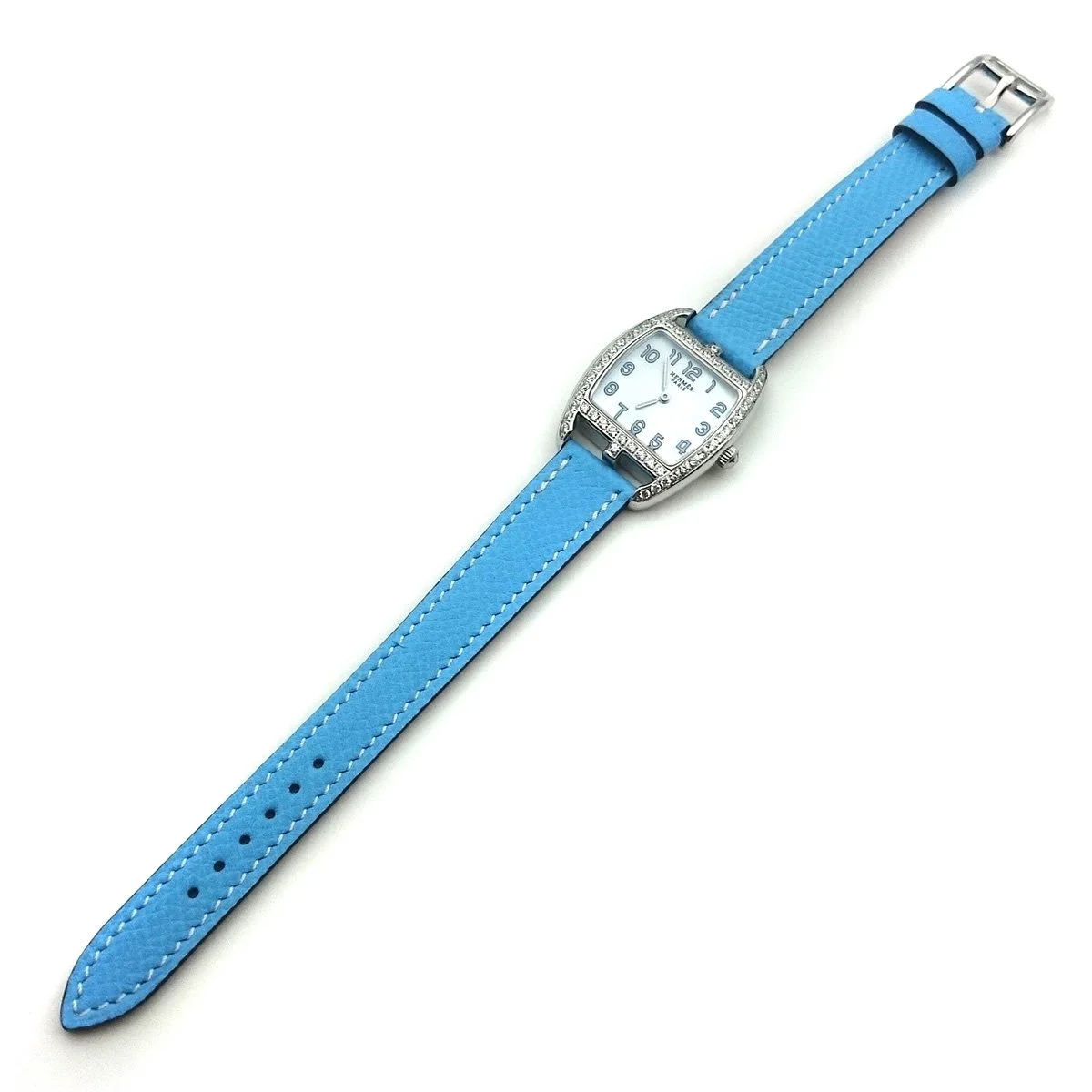 Cape Cod Tonneau Steel with Diamond Bezel on Light Blue Epsom Leather Strap