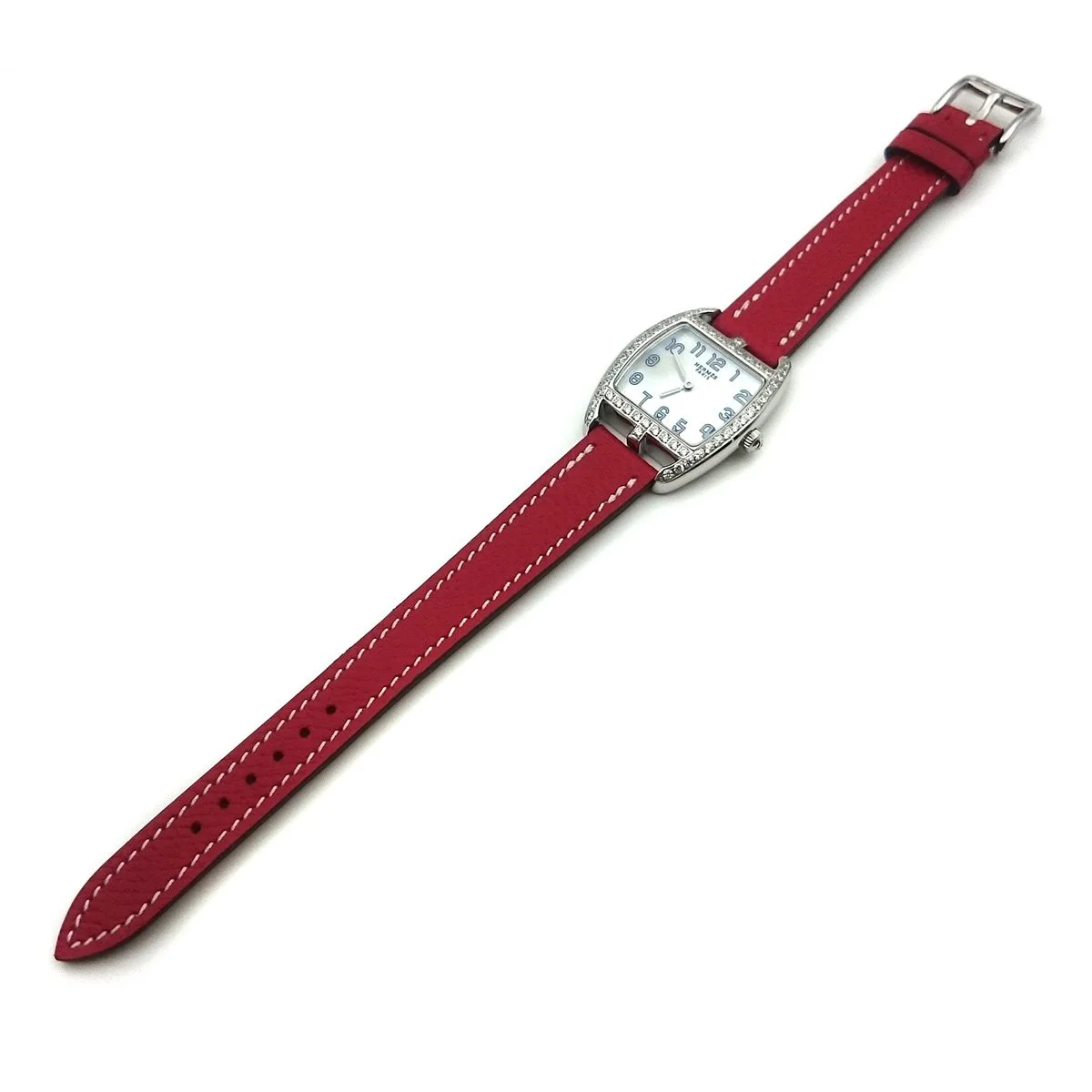Cape Cod Tonneau Steel with Diamond Bezel on Red Epsom Leather Strap