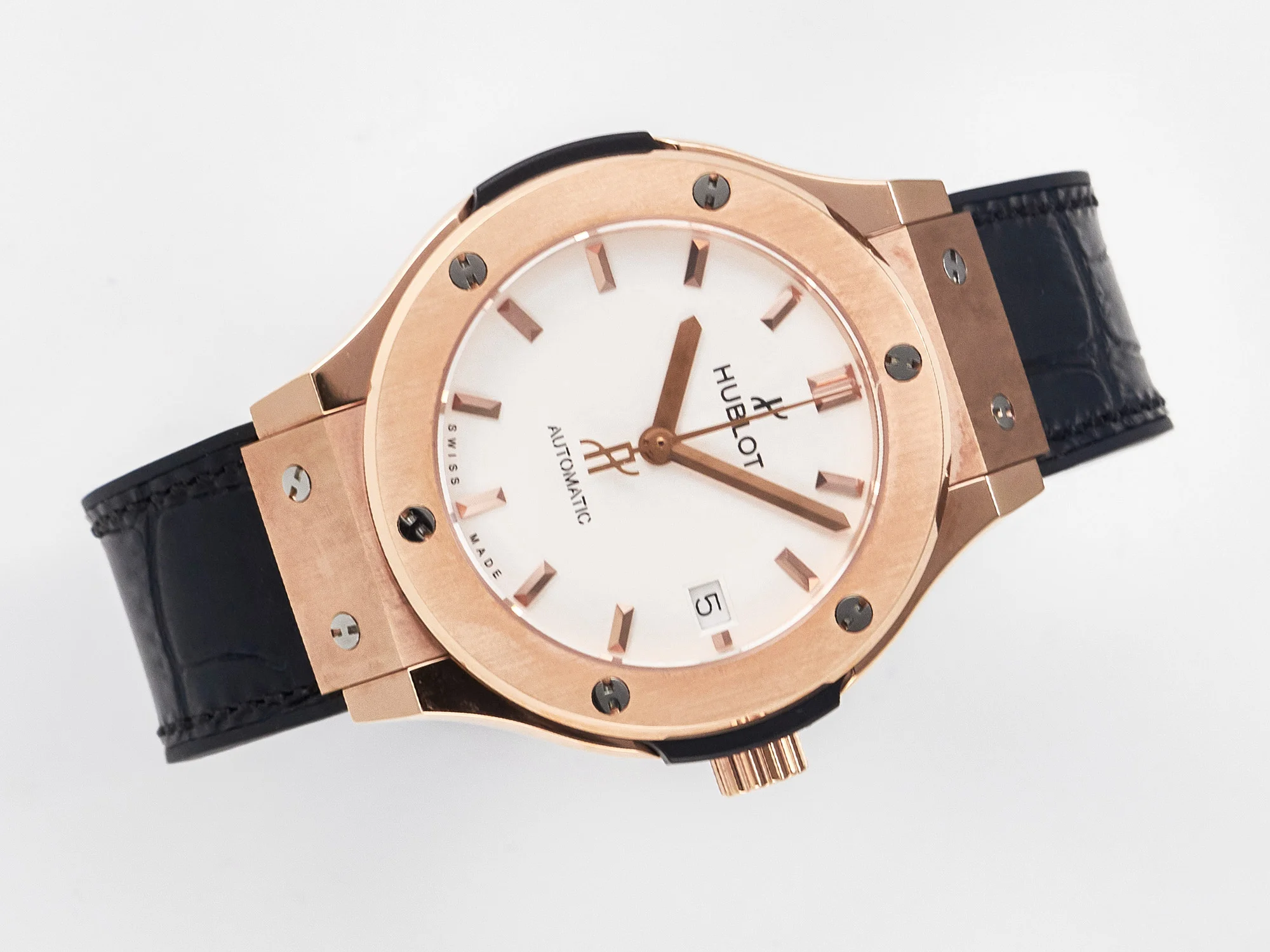 Classic Fusion 38mm RG JJF 1:1 Best Edition White Dial on Black Gummy Leather Strap