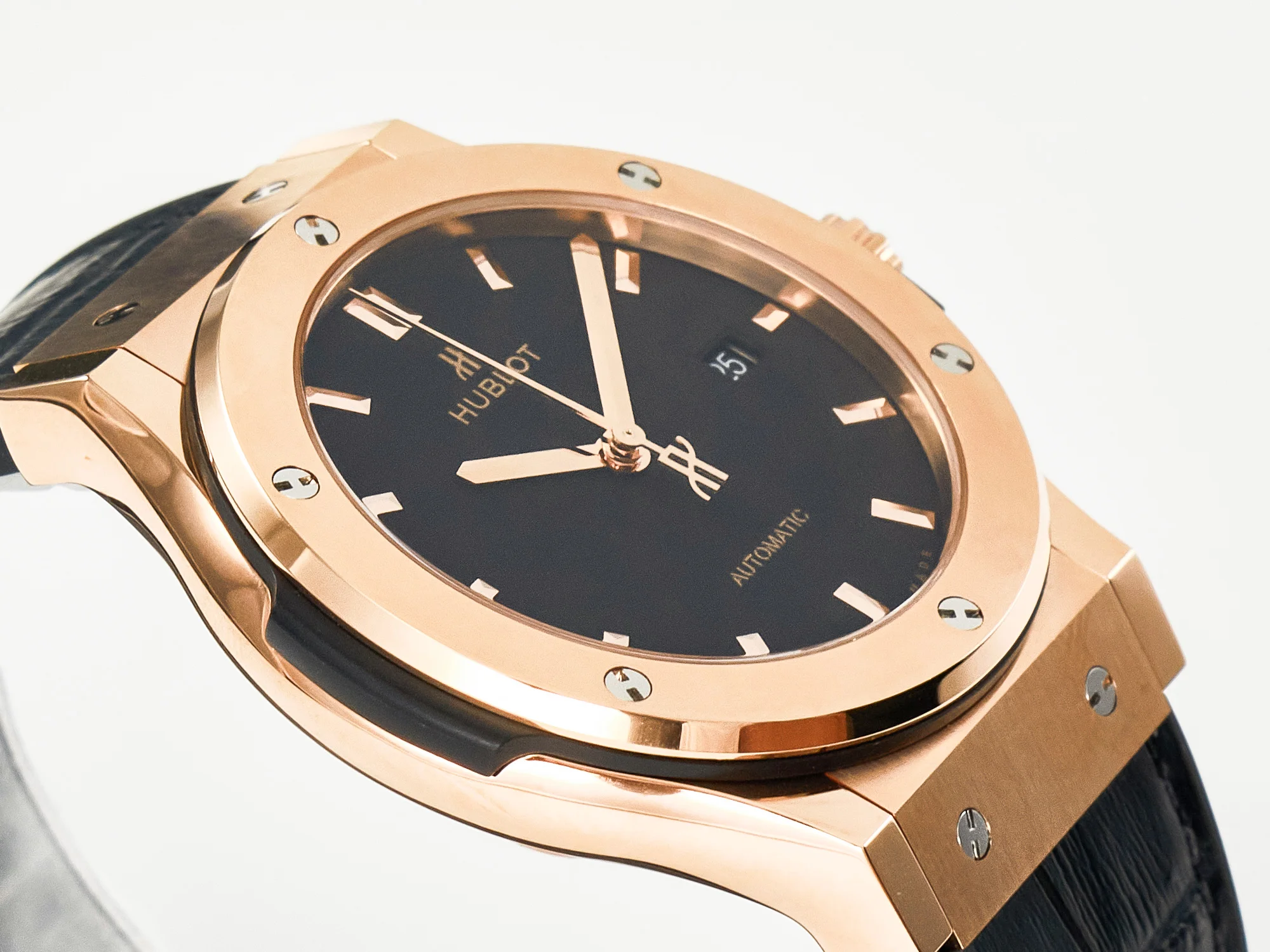 Classic Fusion 42mm RG JJF 1:1 Best Edition Black Dial on Black Gummy Leather Strap