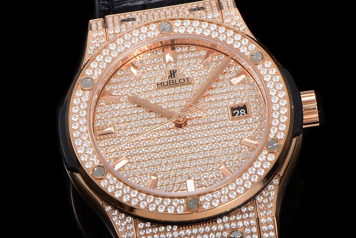 Classic Fusion Automatic 42mm Diamond Paved Dial in Rose Gold on Black Leather Strap
