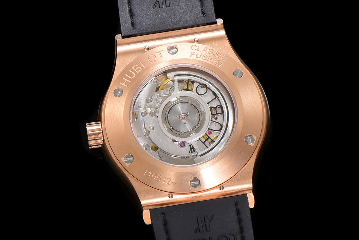 Classic Fusion Automatic 42mm Diamond Paved Dial in Rose Gold on Black Leather Strap