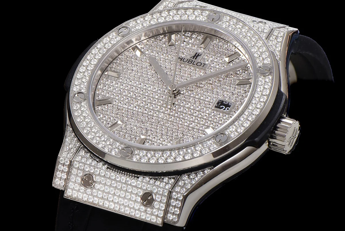 Classic Fusion Automatic 42mm Diamond Paved Dial in Steel on Black Leather Strap