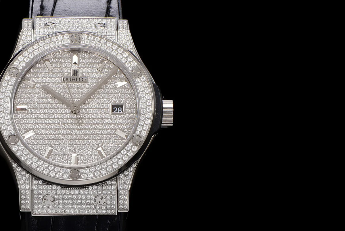 Classic Fusion Automatic 42mm Diamond Paved Dial in Steel on Black Leather Strap