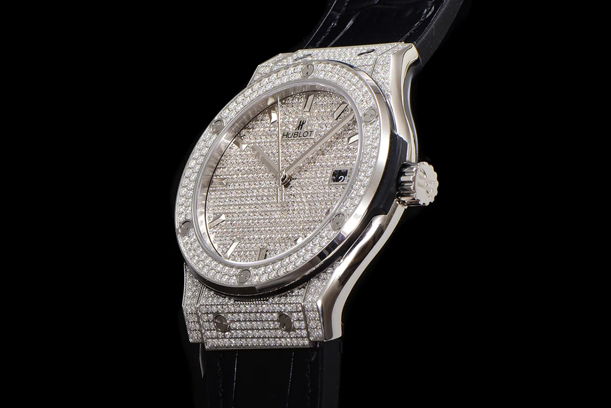 Classic Fusion Automatic 42mm Diamond Paved Dial in Steel on Black Leather Strap