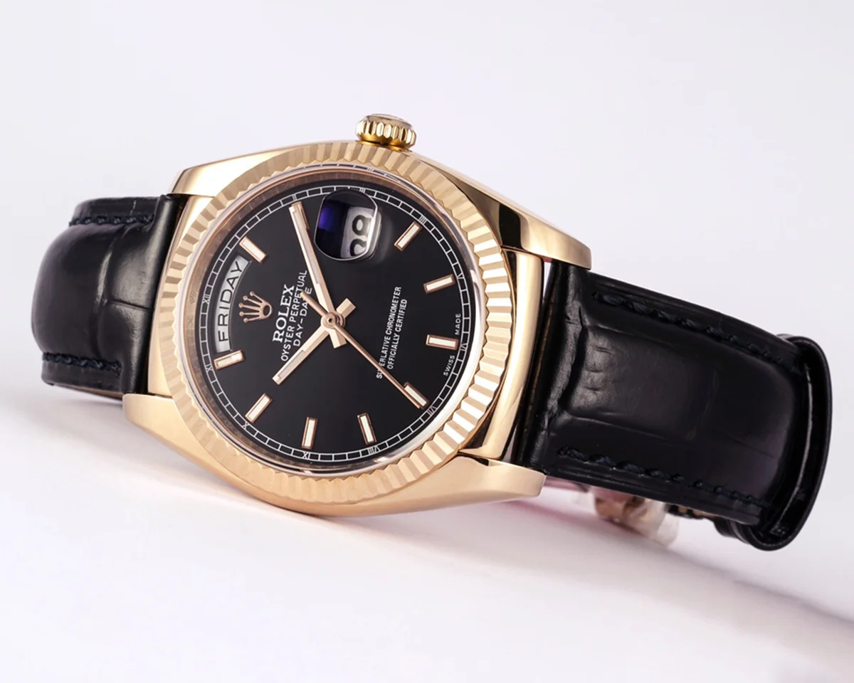 Day-Date 36 Black Dial in Rose Gold on Leather Strap