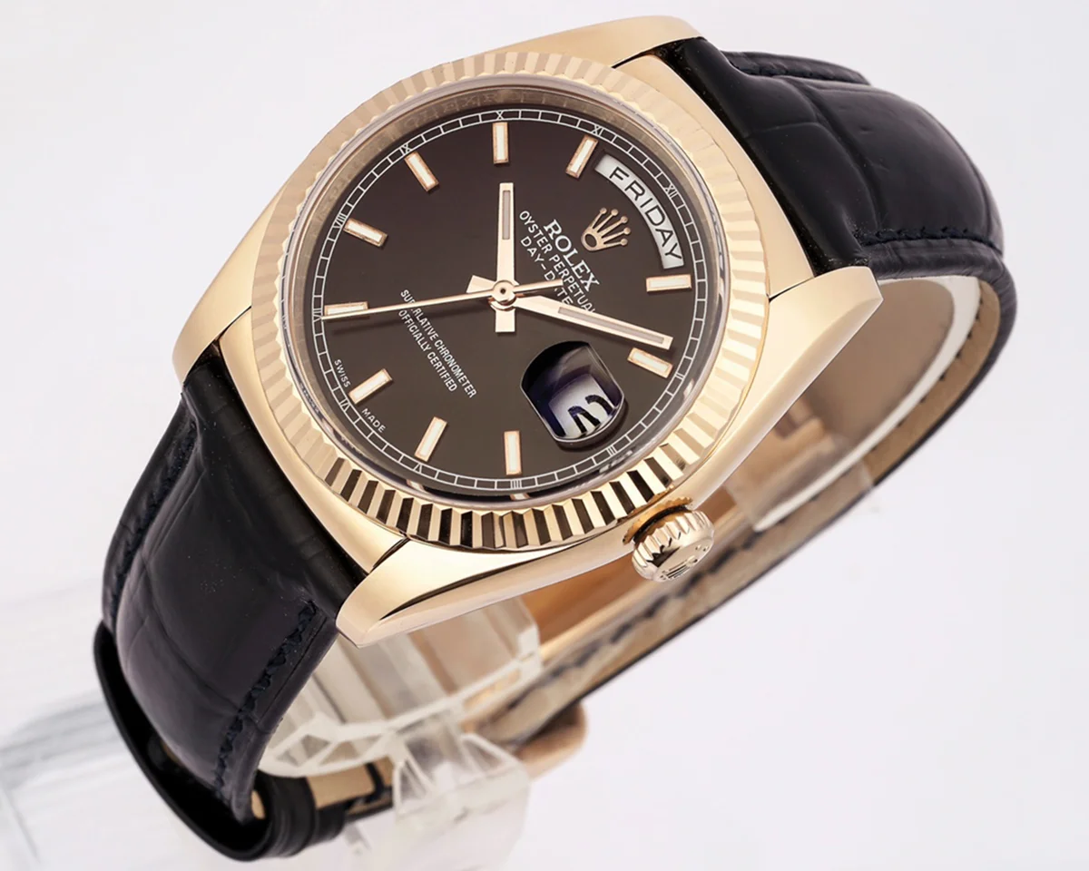 Day-Date 36 Black Dial in Rose Gold on Leather Strap