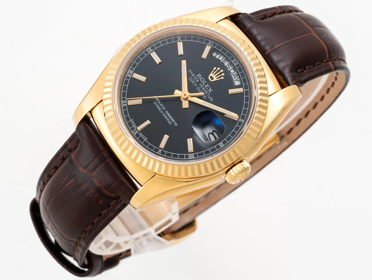 Day-Date 36 Black Dial in Yellow Gold on Leather Strap