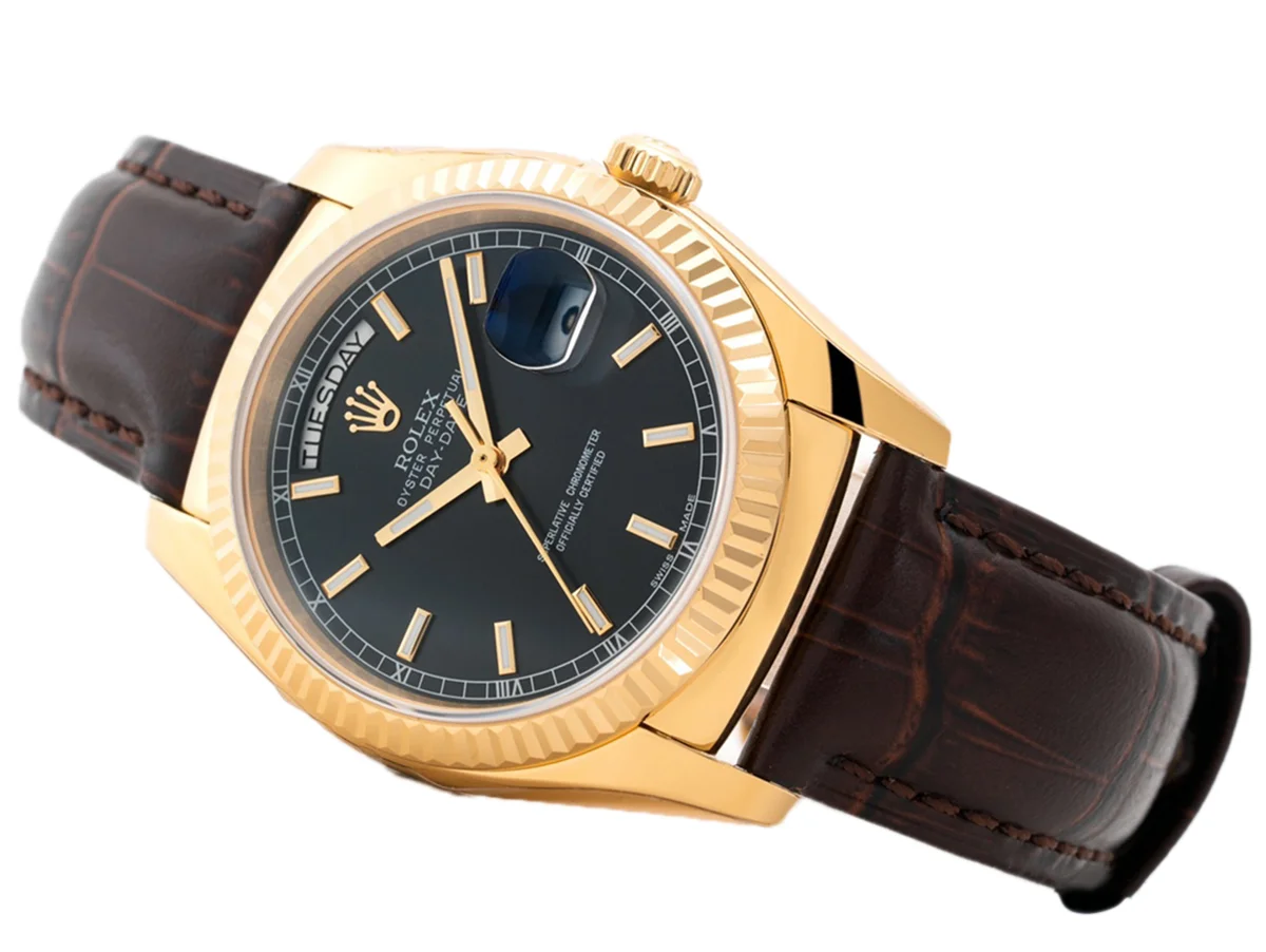 Day-Date 36 Black Dial in Yellow Gold on Leather Strap