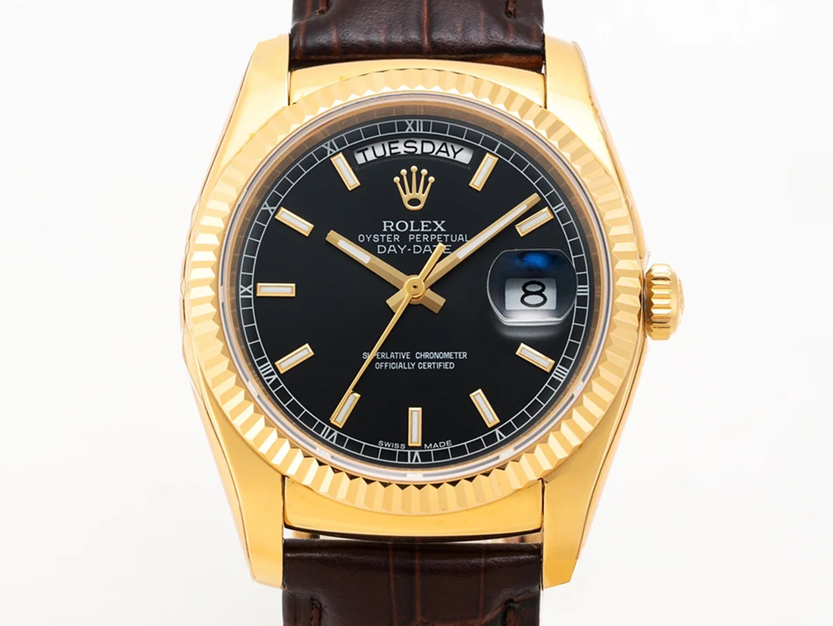 Day-Date 36 Black Dial in Yellow Gold on Leather Strap