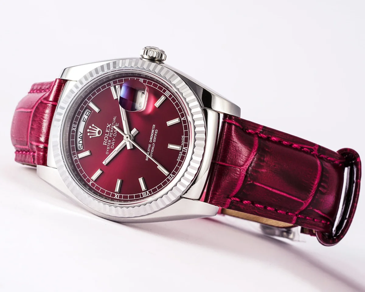 Day-Date 36 Red Dial in White Gold on Leather Strap