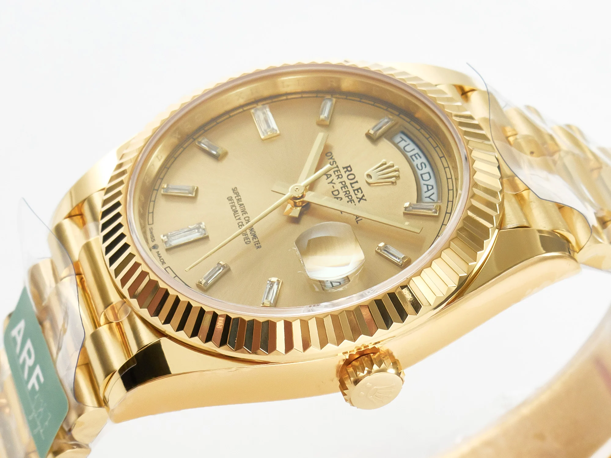 Day Date 40 228238 ARF 904L Steel YG Crystal Diamonds Bezel on President Bracelet VR3255