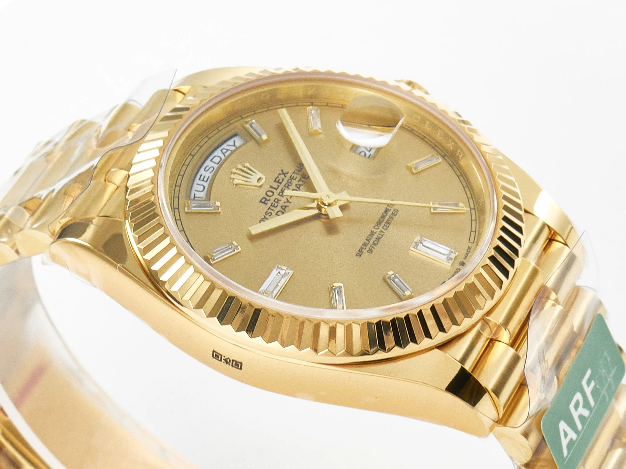 Day Date 40 228238 ARF 904L Steel YG Crystal Diamonds Bezel on President Bracelet VR3255