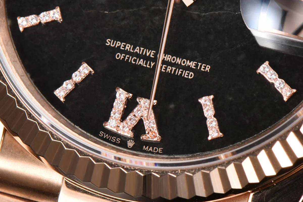Daydate 36 128235 Eisenkiesel (Quartz Stone) Diamond Roman Dial in Everose Gold