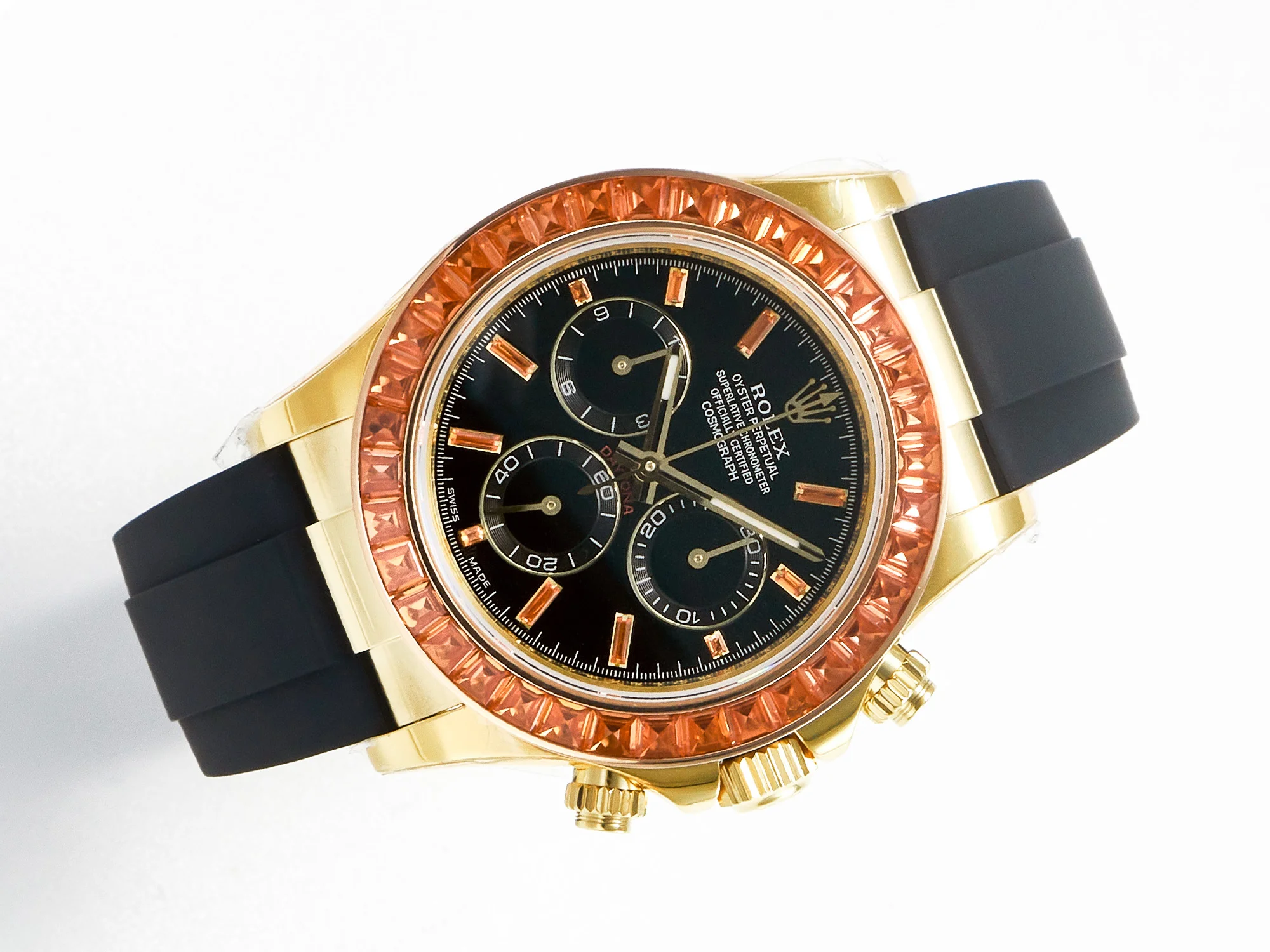 Daytona 116518 YG Orange Crystal Bezel N6F Best Edition Black Dial on Oysterflex Strap SA4130