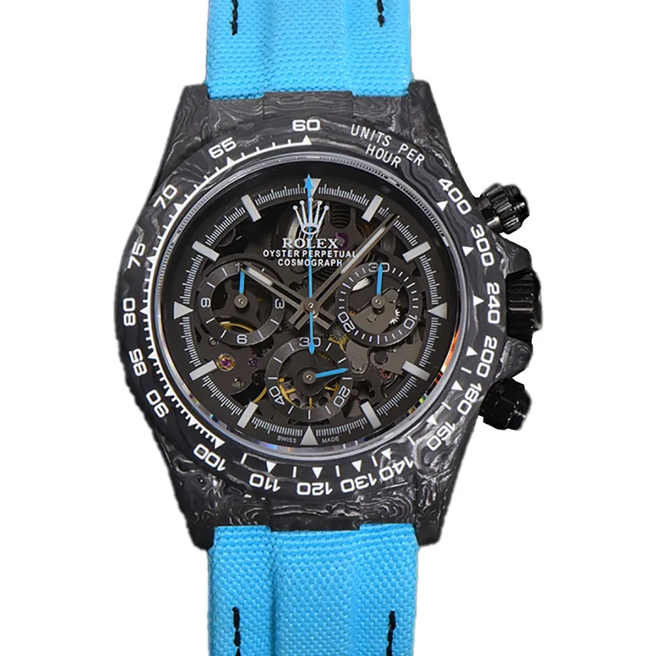 DIW Daytona Skeleton Dial in Carbon with Blue Hands on Blue Nylon Strap