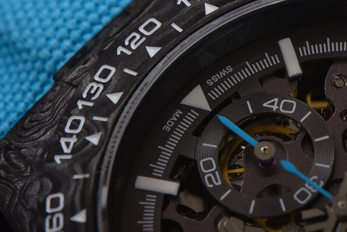 DIW Daytona Skeleton Dial in Carbon with Blue Hands on Blue Nylon Strap