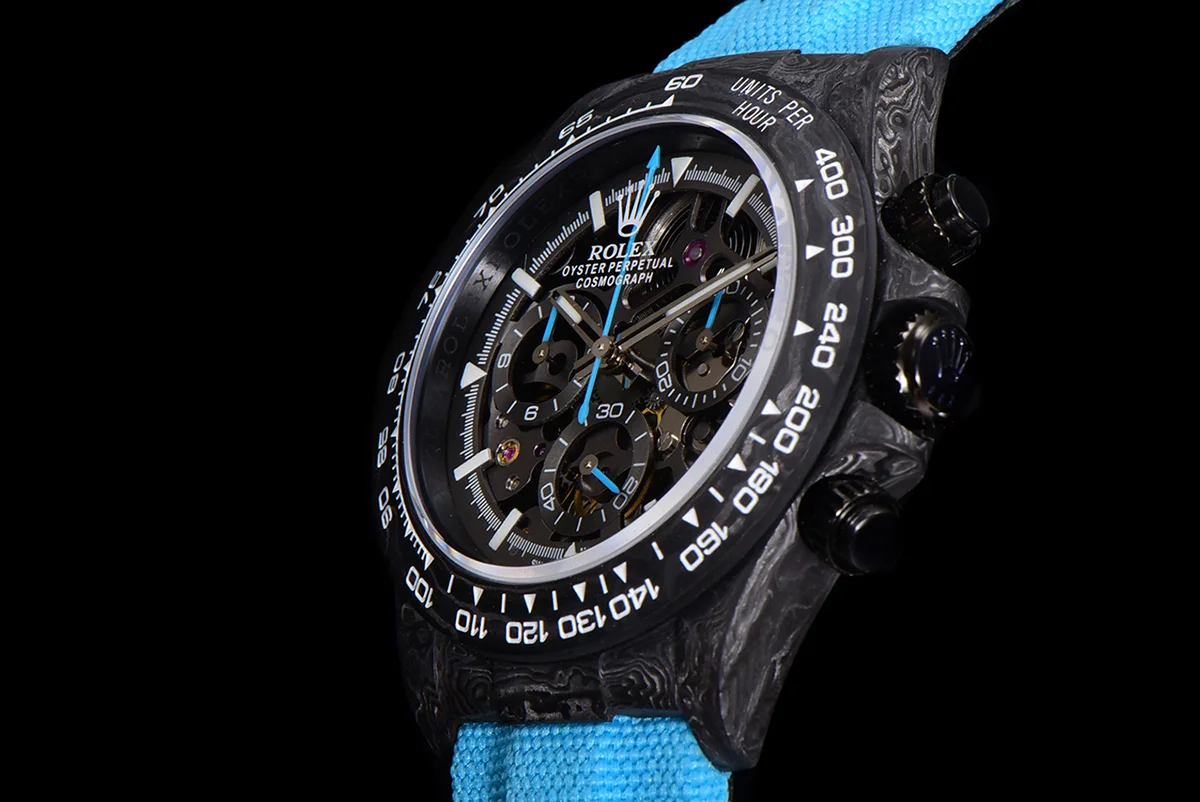 DIW Daytona Skeleton Dial in Carbon with Blue Hands on Blue Nylon Strap