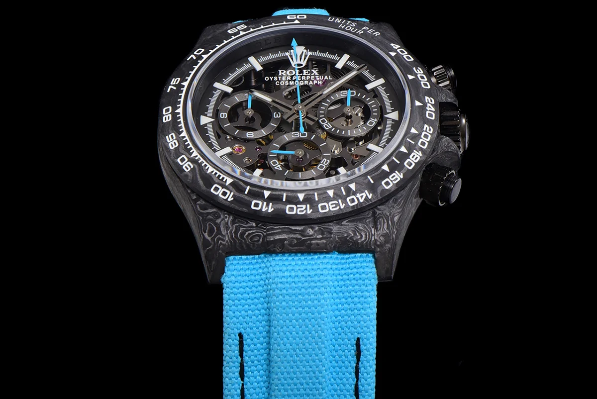 DIW Daytona Skeleton Dial in Carbon with Blue Hands on Blue Nylon Strap