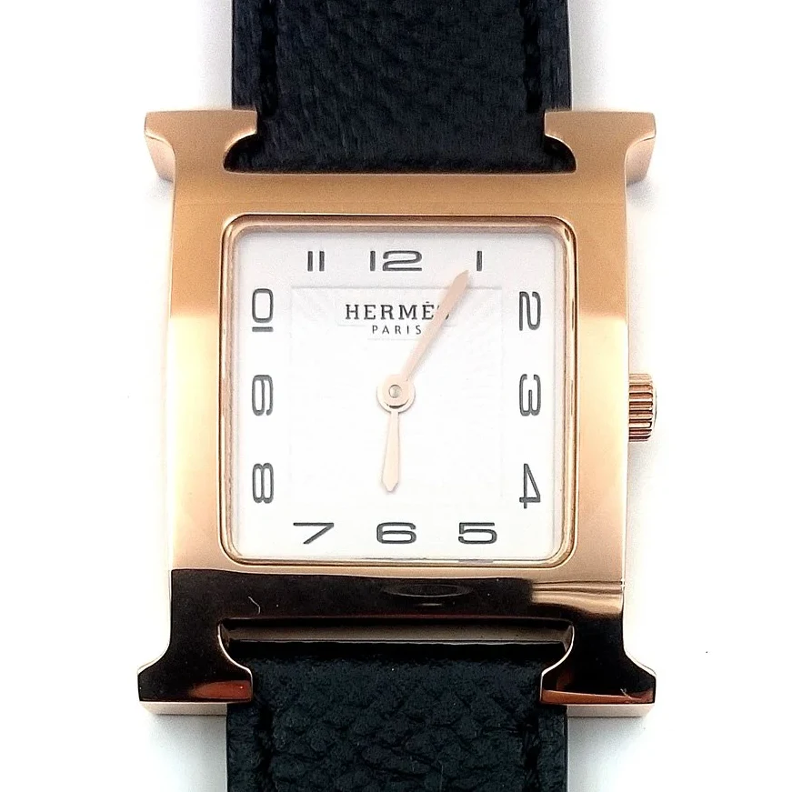 Heure H Rose Gold on Black Epsom Leather Strap