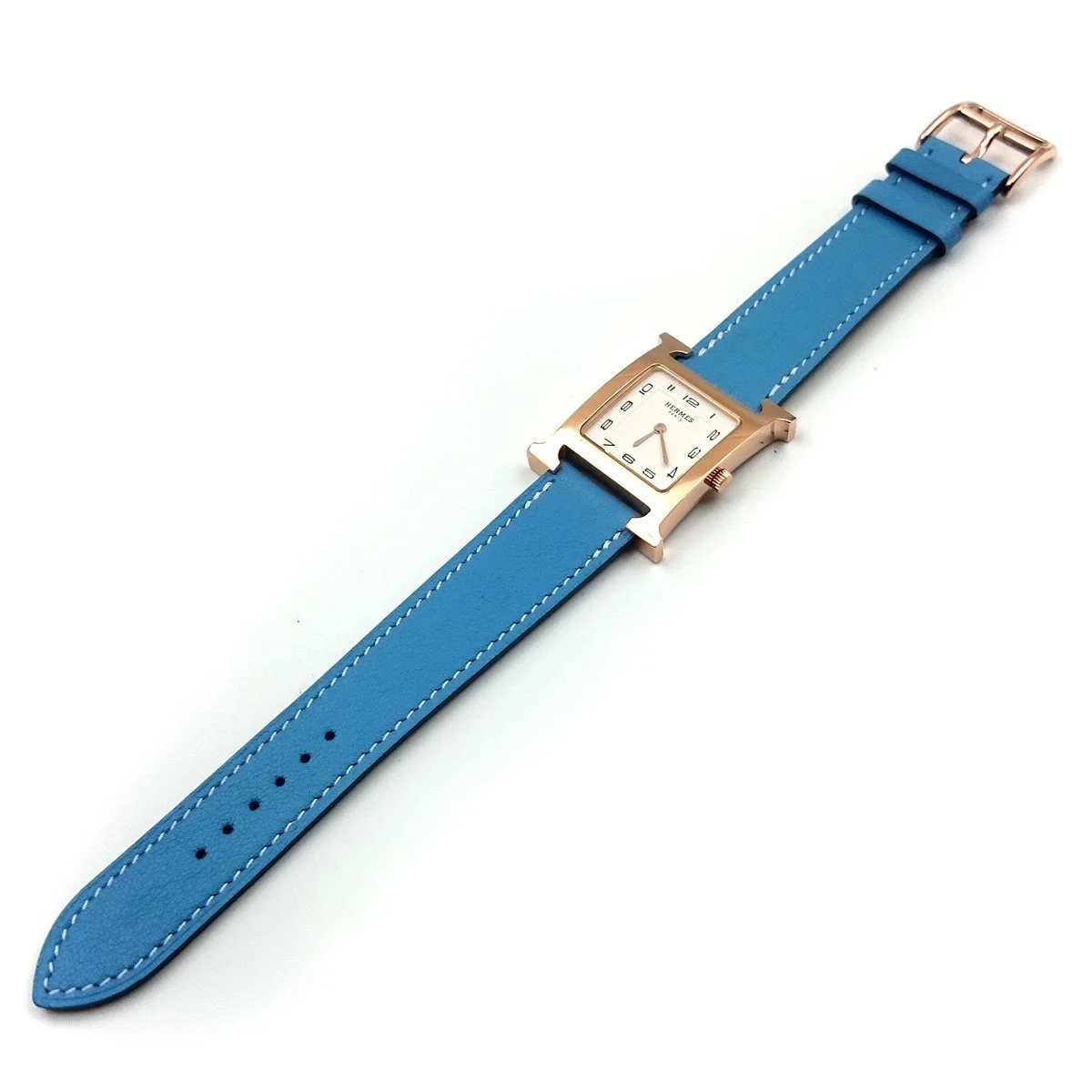 Heure H Rose Gold on Light Blue Fjord Leather Strap