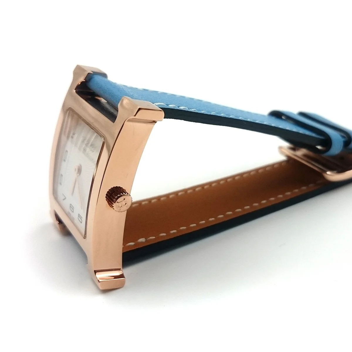 Heure H Rose Gold on Light Blue Fjord Leather Strap
