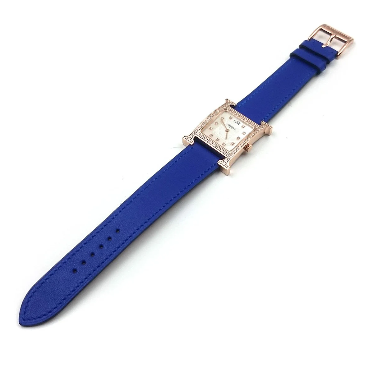 Heure H Rose Gold with Diamond Bezel and Markers on Blue Epsom Leather Strap