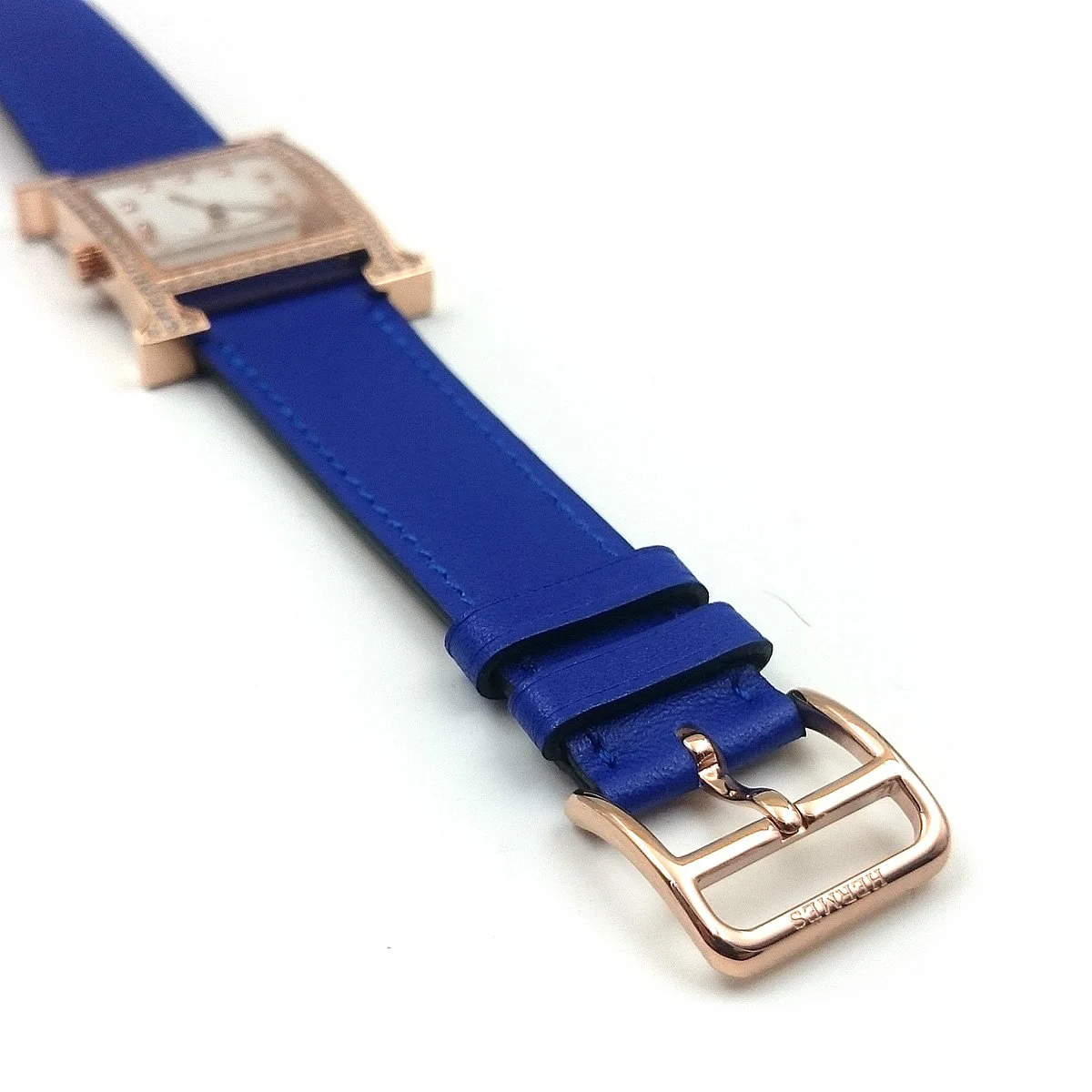 Heure H Rose Gold with Diamond Bezel and Markers on Blue Epsom Leather Strap