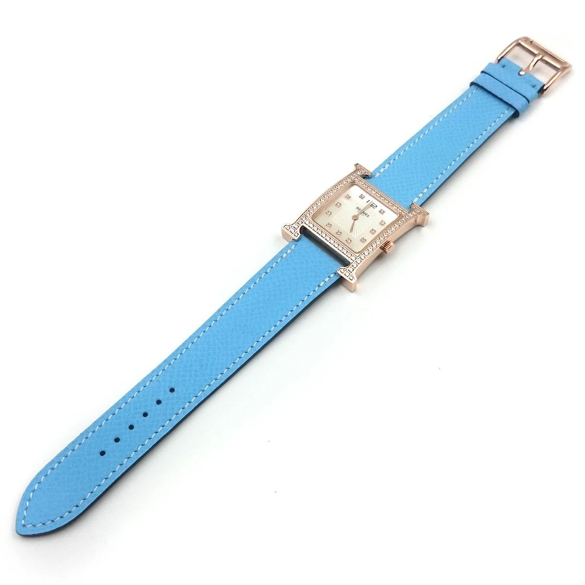 Heure H Rose Gold with Diamond Bezel and Markers on Light Blue Epsom Leather Strap