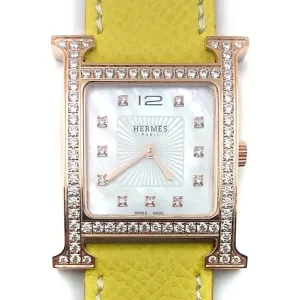 Heure H Rose Gold with Diamond Bezel and Markers on Yellow Epsom Leather Strap