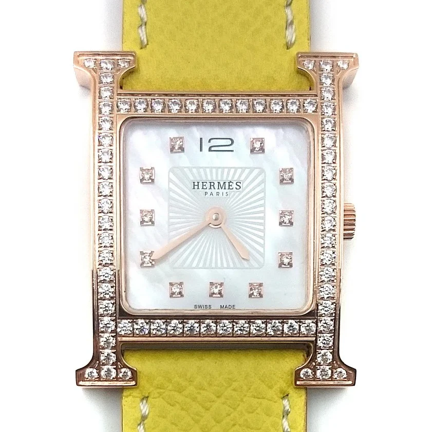Heure H Rose Gold with Diamond Bezel and Markers on Yellow Epsom Leather Strap