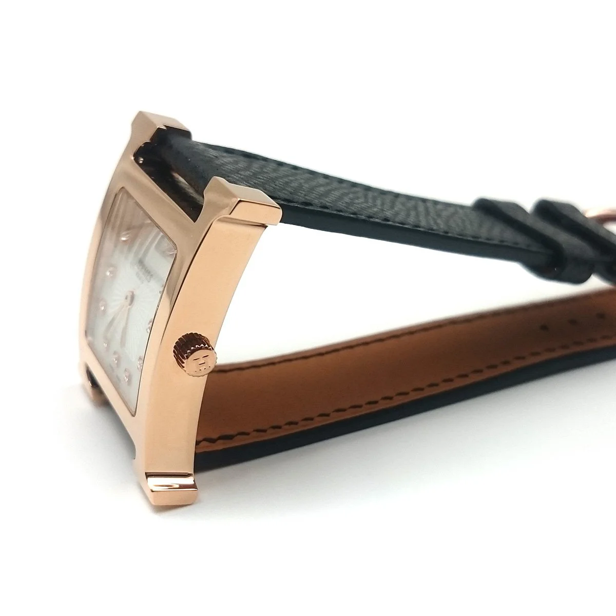 Heure H Rose Gold with Diamond Markers on Black Epsom Leather Strap