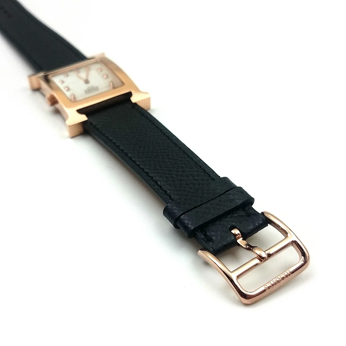 Heure H Rose Gold with Diamond Markers on Black Epsom Leather Strap