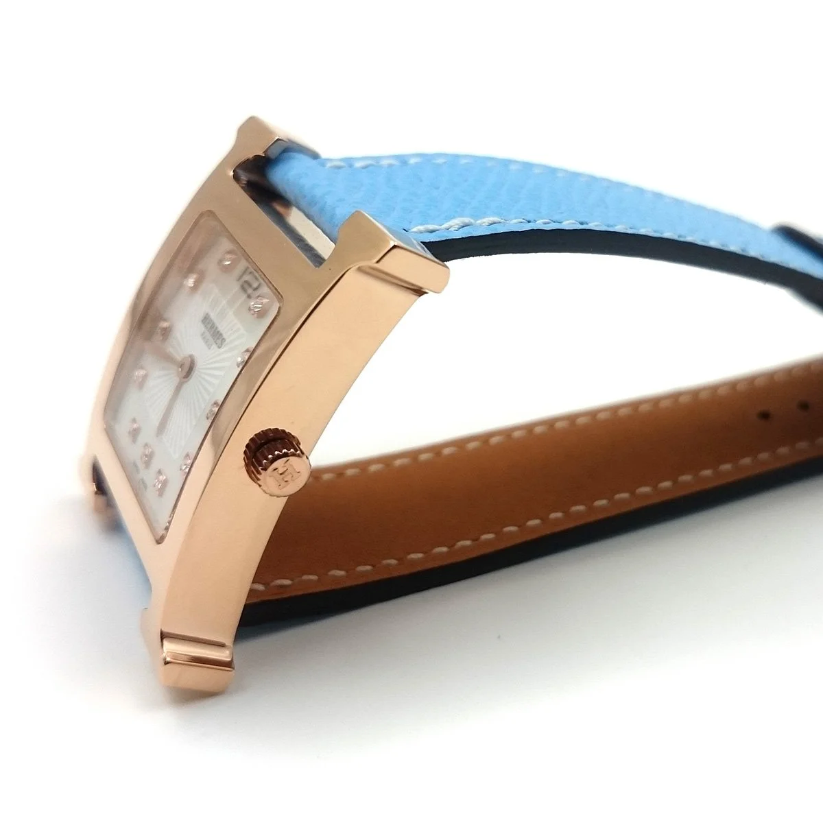 Heure H Rose Gold with Diamond Markers on Light Blue Epsom Leather Strap